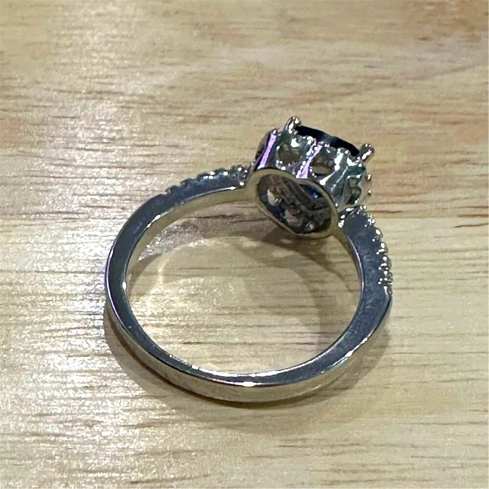 Simulated‎ Sapphire Heart Halo Ring 925 Sterling Silver Size 7.75
